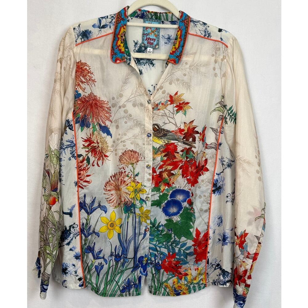Johnny Was 100% Silk Botanical Blouse M Button Front Bird Floral Piped Collar - Picture 9 of 16